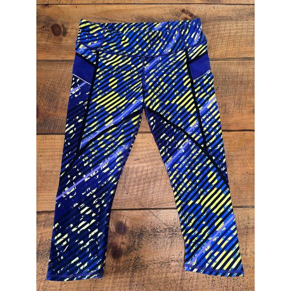 Athleta Womens Radical Stride Capri Leggings Blue Yellow Zip Pocket Size Small - Picture 1 of 8